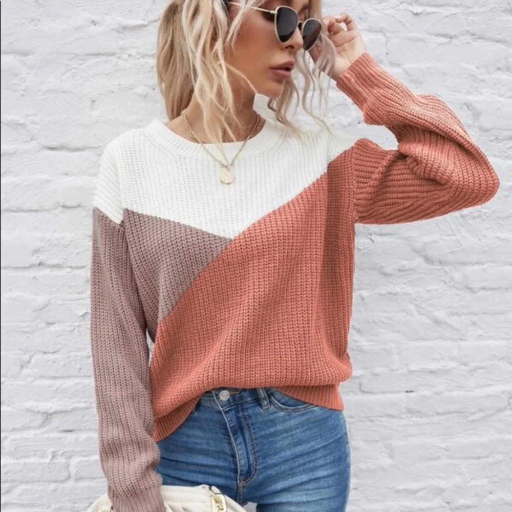Pink gray color block knit sweater top - Picture 4 of 7